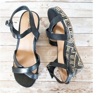 Cherokee Gwen Wedge Sandals Size 5 Girls Black Beige Aztec Tribal Woven Heel